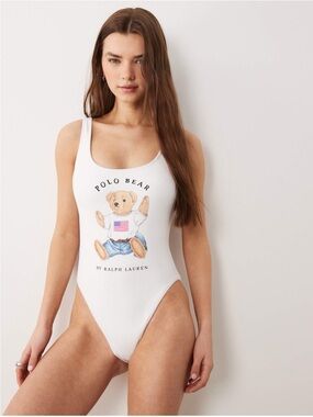 New Polo Ralph Lauren Polo Bear Scoop Neck Terry One Piece Swimsuit Size M